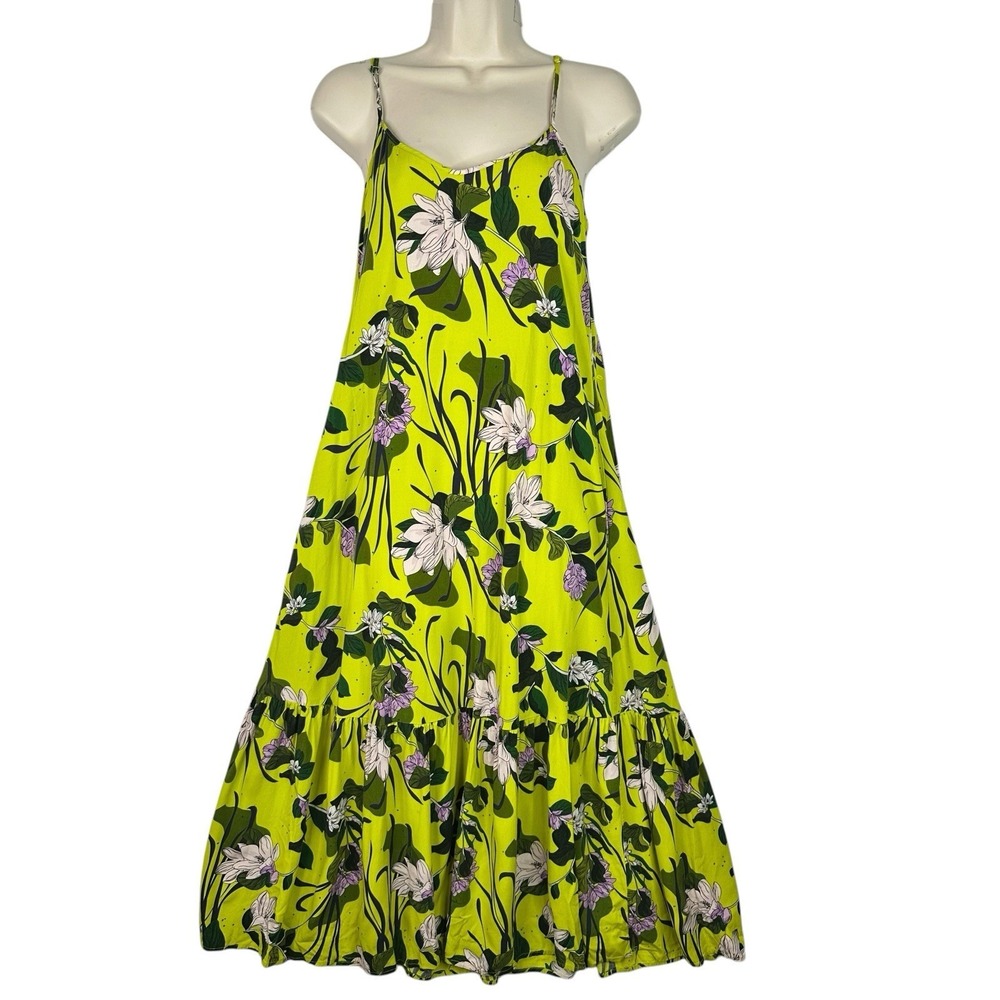 The Kit Midi Sundress Womens 2 Chartreuse Floral Spaghetti Strap Ruffle Hem Boho